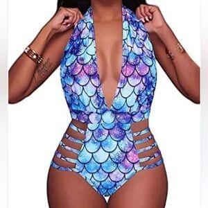 Mermaid scale swimsuit cutout plunge halter NeW stretch padded cup
